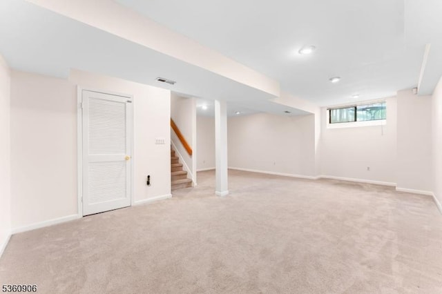 26 Allison Ct, South Brunswick Twp, NJ 08852 - basement with light carpet, stairway, and recessed lighting