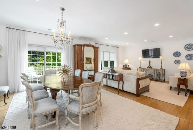 19 Whitney Farm Pl, Morris Twp, NJ 07960 - dining room featuring a chandelier, healthy amount of natural light, light wood-style floors, ornamental molding, and recessed lighting