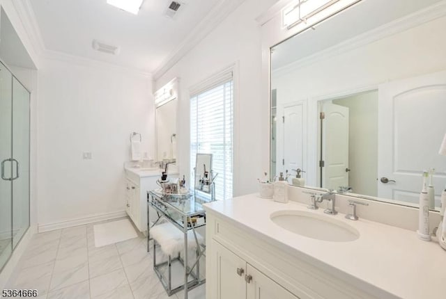 19 Whitney Farm Pl, Morris Twp, NJ 07960 - bathroom featuring ornamental molding, vanity, a shower stall, and marble look tile flooring