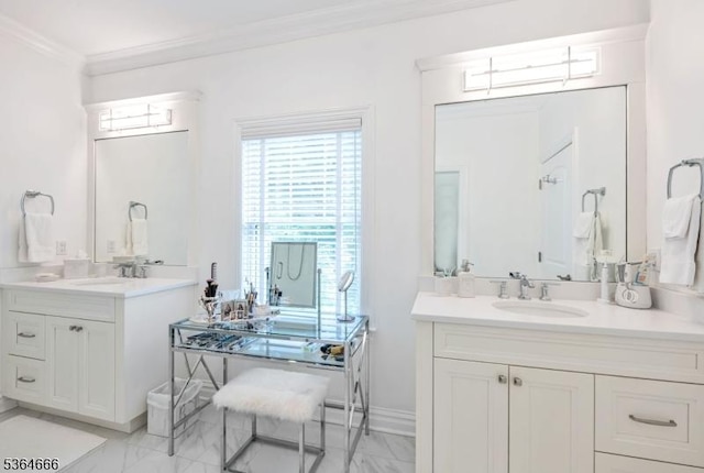 19 Whitney Farm Pl, Morris Twp, NJ 07960 - full bathroom featuring marble look tile flooring, ornamental molding, and two vanities