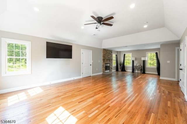 56 Rainbow Hill Rd, East Amwell Twp, NJ 08822 - unfurnished living room featuring vaulted ceiling, a fireplace, light wood-style flooring, a ceiling fan, and recessed lighting