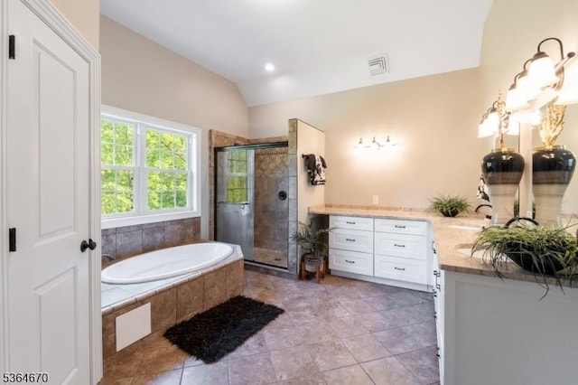 56 Rainbow Hill Rd, East Amwell Twp, NJ 08822 - full bath featuring lofted ceiling, a stall shower, vanity, a bath, and tile patterned flooring