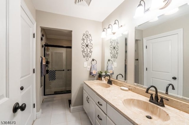 56 Rainbow Hill Rd, East Amwell Twp, NJ 08822 - bathroom featuring double vanity, a shower stall, and tile patterned flooring