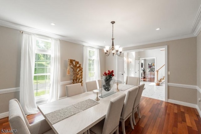 56 Rainbow Hill Rd, East Amwell Twp, NJ 08822 - dining space featuring a chandelier, dark wood-type flooring, stairway, crown molding, and recessed lighting