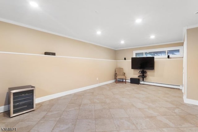 608 Faitoute Ave, Roselle Park Boro, NJ 07204 - below grade area featuring crown molding, a baseboard radiator, and recessed lighting