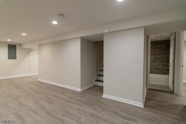 123 Baier Ave, Franklin Twp, NJ 08873 - finished basement with recessed lighting, wood finished floors, stairway, and electric panel