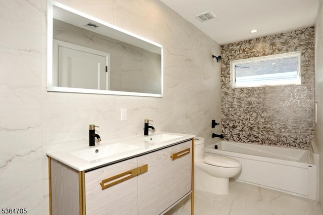 17 Mountain Ave, Mahwah Twp, NJ 07430 - full bath featuring double vanity, marble finish floors, shower / tub combination, and tile walls