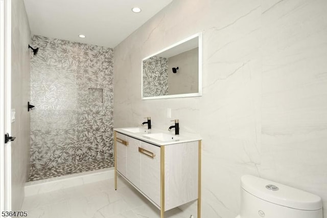 17 Mountain Ave, Mahwah Twp, NJ 07430 - full bathroom with double vanity, walk in shower, marble finish flooring, and recessed lighting
