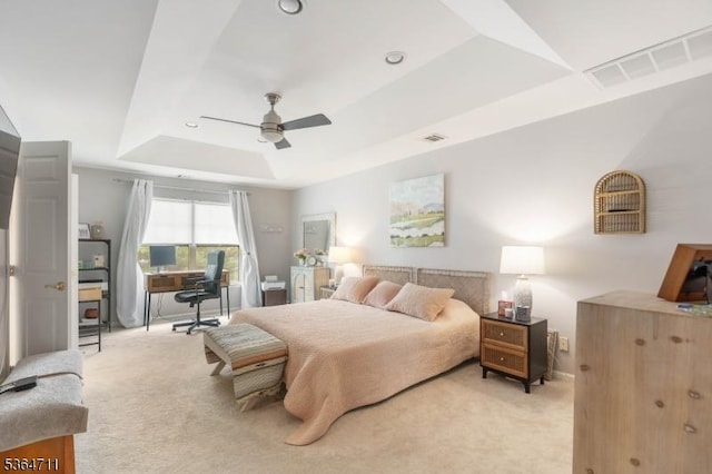 746 Green Ln, Union Twp, NJ 07083 - bedroom featuring a tray ceiling, light carpet, a desk, and a ceiling fan