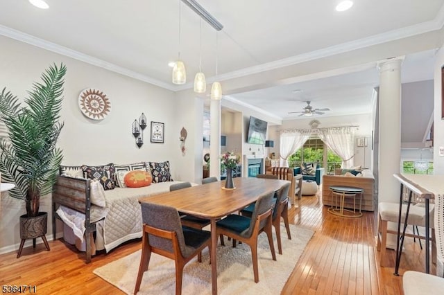 746 Green Ln, Union Twp, NJ 07083 - dining space featuring light wood-style flooring, ceiling fan, ornamental molding, decorative columns, and recessed lighting
