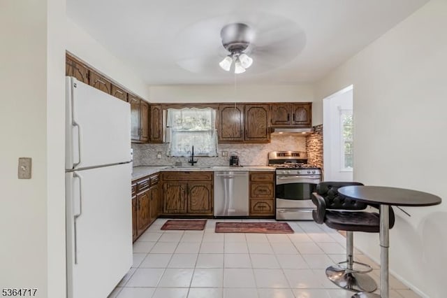 96 Reinhold Ter, Union Twp, NJ 07083 - kitchen with appliances with stainless steel finishes, decorative backsplash, under cabinet range hood, and light countertops