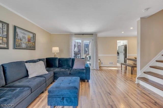 147 Nottingham Sq, Washington Twp, NJ 07840 - living room with light wood-style floors, crown molding, stairway, and recessed lighting