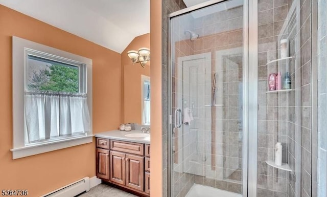 15 Parker St, East Brunswick Twp, NJ 08816 - full bathroom featuring vanity, lofted ceiling, a baseboard heating unit, and a shower stall