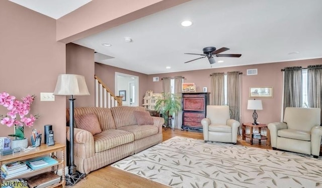 15 Parker St, East Brunswick Twp, NJ 08816 - living room featuring ceiling fan, recessed lighting, wood finished floors, and stairway
