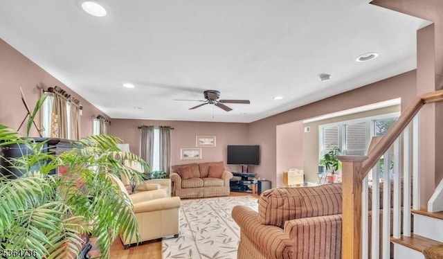 15 Parker St, East Brunswick Twp, NJ 08816 - living area featuring a ceiling fan, light wood-style flooring, recessed lighting, and stairway