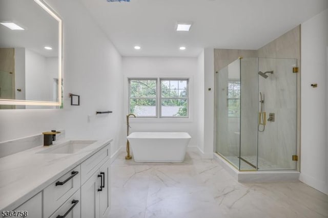 332 Springfield Ave, Westfield Town, NJ 07090 - full bath featuring vanity, a marble finish shower, a freestanding bath, marble finish floors, and recessed lighting