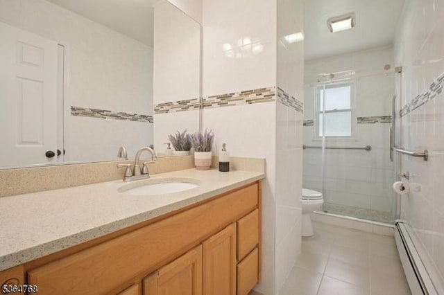 500 Sioux Ave, Parsippany-Troy Hills Twp, NJ 07034 - bathroom featuring a baseboard heating unit, vanity, a shower stall, tile walls, and tile patterned flooring