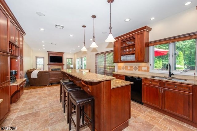 6 Anna Rose Ct, Bloomingdale Boro, NJ 07403 - kitchen with dishwasher, light stone countertops, backsplash, hanging light fixtures, and recessed lighting