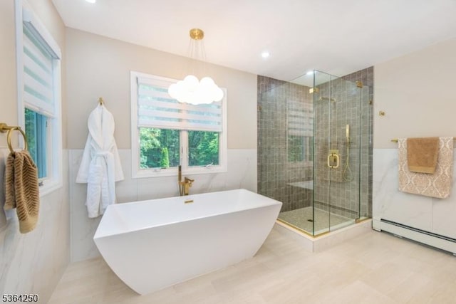 6 Anna Rose Ct, Bloomingdale Boro, NJ 07403 - full bathroom featuring tile walls, a soaking tub, a stall shower, baseboard heating, and a wainscoted wall
