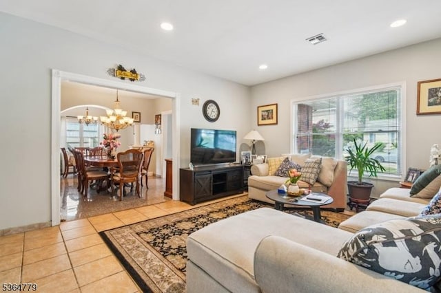 458 Midland Ave, Pompton Lakes Boro, NJ 07442 - living room with light tile patterned flooring, plenty of natural light, a chandelier, and recessed lighting