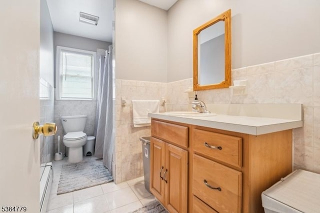 458 Midland Ave, Pompton Lakes Boro, NJ 07442 - full bath featuring tile walls, a baseboard radiator, tile patterned floors, vanity, and a shower with curtain