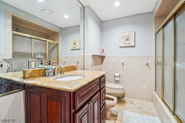 458 Midland Ave, Pompton Lakes Boro, NJ 07442 - full bath with a bidet, tile walls, a shower with shower door, vanity, and recessed lighting