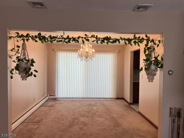 797 Chestnut St, Union Twp, NJ 07083 - unfurnished dining area with baseboard heating, light carpet, and a chandelier