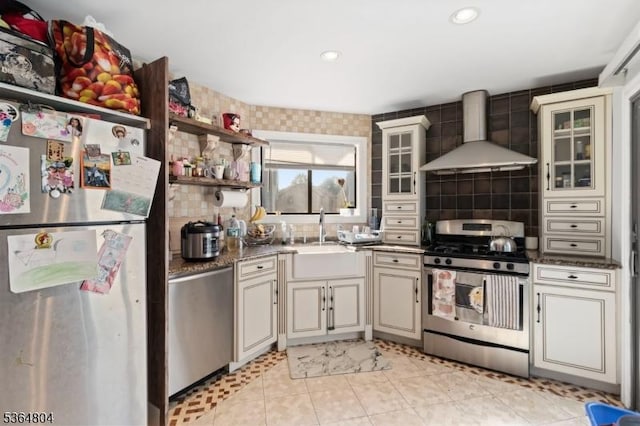 27 Delbarton Ct, Washington Twp, NJ 07840 - kitchen featuring stainless steel appliances, wall chimney range hood, decorative backsplash, recessed lighting, and glass insert cabinets