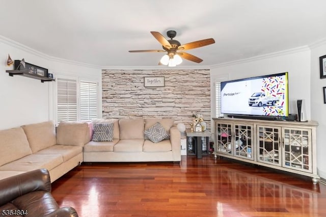 27 Delbarton Ct, Washington Twp, NJ 07840 - living room with ornamental molding, wood finished floors, and ceiling fan
