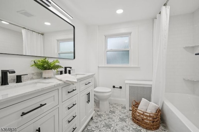 26 Saint Lawrence Ave, Maplewood Twp, NJ 07040 - full bath with radiator, double vanity, shower / bath combo, tile patterned floors, and recessed lighting