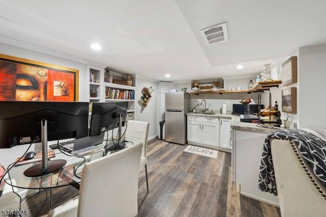 510 Oakridge Ave, North Plainfield Boro, NJ 07063 - kitchen with freestanding refrigerator, open shelves, dark wood-style floors, white cabinetry, and recessed lighting