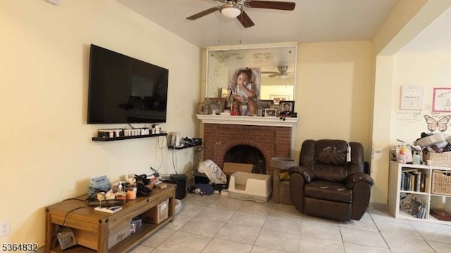 1371 Clinton Ave, Irvington Twp, NJ 07111 - tiled living area featuring ceiling fan and a brick fireplace