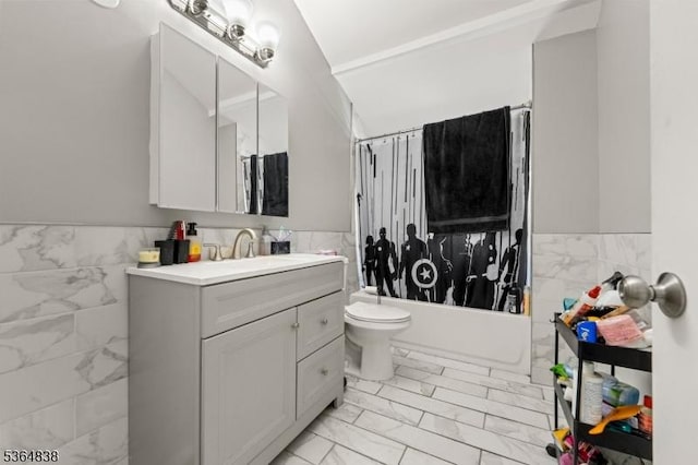 29 Pitt St, Bloomfield Twp, NJ 07003 - bathroom featuring tile walls, marble finish floors, vanity, wainscoting, and shower / bath combination with curtain
