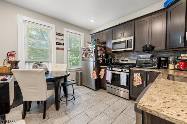 29 Pitt St, Bloomfield Twp, NJ 07003 - kitchen featuring stainless steel appliances, tasteful backsplash, dark brown cabinets, recessed lighting, and baseboard heating