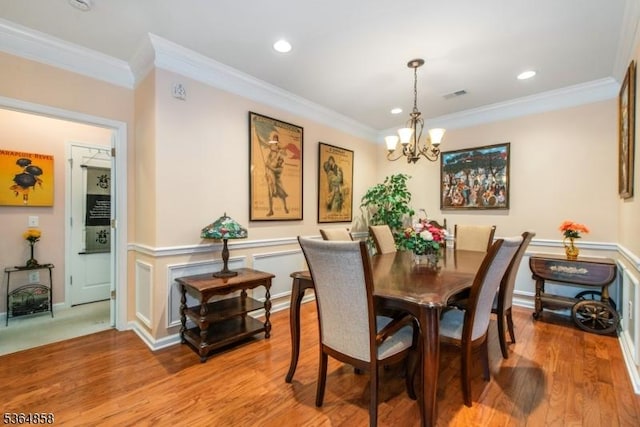 1409 Warrens Way Unit 1409, Wanaque Boro, NJ 07465 - dining area featuring a chandelier, ornamental molding, light wood finished floors, and recessed lighting