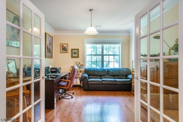 1409 Warrens Way Unit 1409, Wanaque Boro, NJ 07465 - home office featuring french doors, crown molding, and hardwood / wood-style flooring