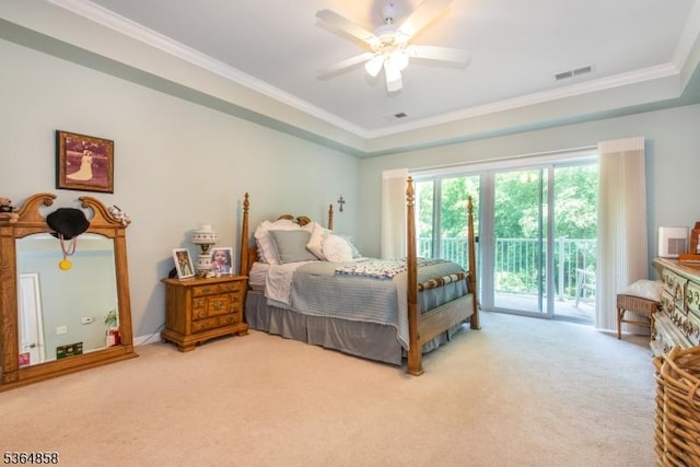 1409 Warrens Way Unit 1409, Wanaque Boro, NJ 07465 - carpeted bedroom featuring access to outside, crown molding, a tray ceiling, and ceiling fan