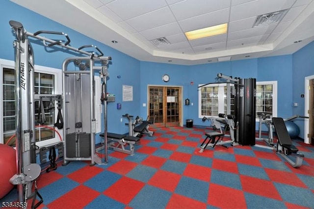 1409 Warrens Way Unit 1409, Wanaque Boro, NJ 07465 - gym with a raised ceiling, carpet, and a high ceiling