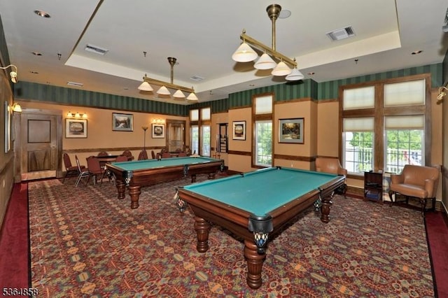 1409 Warrens Way Unit 1409, Wanaque Boro, NJ 07465 - recreation room with a tray ceiling, billiards, carpet flooring, plenty of natural light, and wallpapered walls