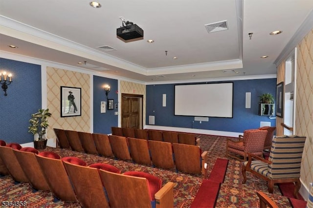 1409 Warrens Way Unit 1409, Wanaque Boro, NJ 07465 - cinema room with crown molding, a tray ceiling, wallpapered walls, an accent wall, and recessed lighting