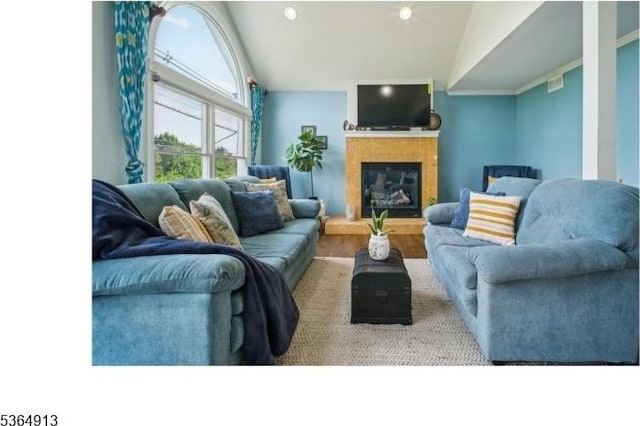 286 Meadow Rd Unit Rt17, Serv Rutherford Boro, NJ 07070 - living area with vaulted ceiling, a fireplace with raised hearth, and recessed lighting