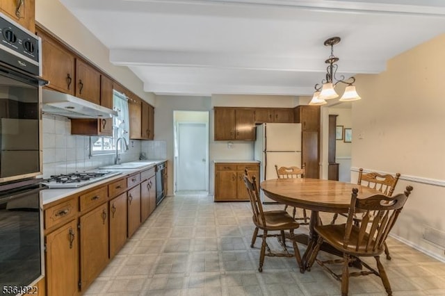 263 Bellemead Griggstown Rd, Montgomery Twp, NJ 08502 - kitchen with white appliances, beamed ceiling, backsplash, under cabinet range hood, and light countertops