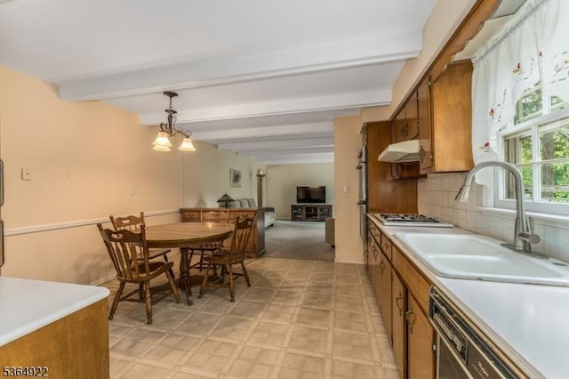 263 Bellemead Griggstown Rd, Montgomery Twp, NJ 08502 - kitchen with dishwashing machine, brown cabinetry, beamed ceiling, light countertops, and gas stovetop