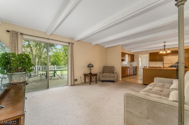 263 Bellemead Griggstown Rd, Montgomery Twp, NJ 08502 - living area with beamed ceiling, a chandelier, and light carpet