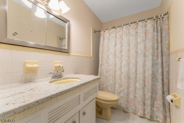 263 Bellemead Griggstown Rd, Montgomery Twp, NJ 08502 - full bathroom with vanity, tile walls, tile patterned flooring, a wainscoted wall, and a shower with curtain