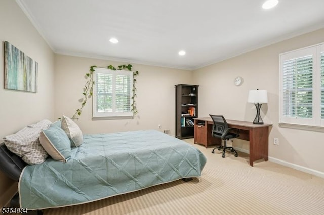 82 Mohawk Rd, Millburn Twp, NJ 07078 - bedroom featuring crown molding, recessed lighting, light colored carpet, and an office area