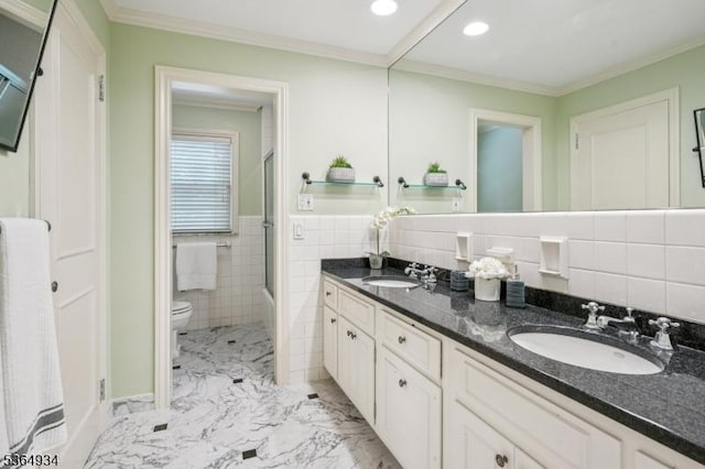 82 Mohawk Rd, Millburn Twp, NJ 07078 - bathroom featuring double vanity, crown molding, tile walls, marble finish flooring, and recessed lighting