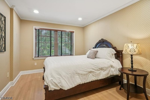 82 Mohawk Rd, Millburn Twp, NJ 07078 - bedroom featuring wood finished floors, crown molding, wallpapered walls, and recessed lighting