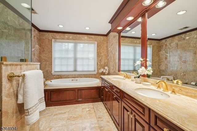 82 Mohawk Rd, Millburn Twp, NJ 07078 - full bath with ornamental molding, a garden tub, double vanity, walk in shower, and recessed lighting