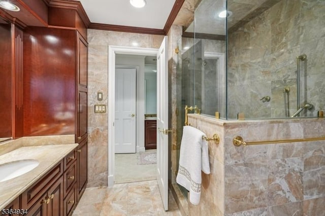 82 Mohawk Rd, Millburn Twp, NJ 07078 - full bath featuring walk in shower, vanity, marble finish flooring, and crown molding